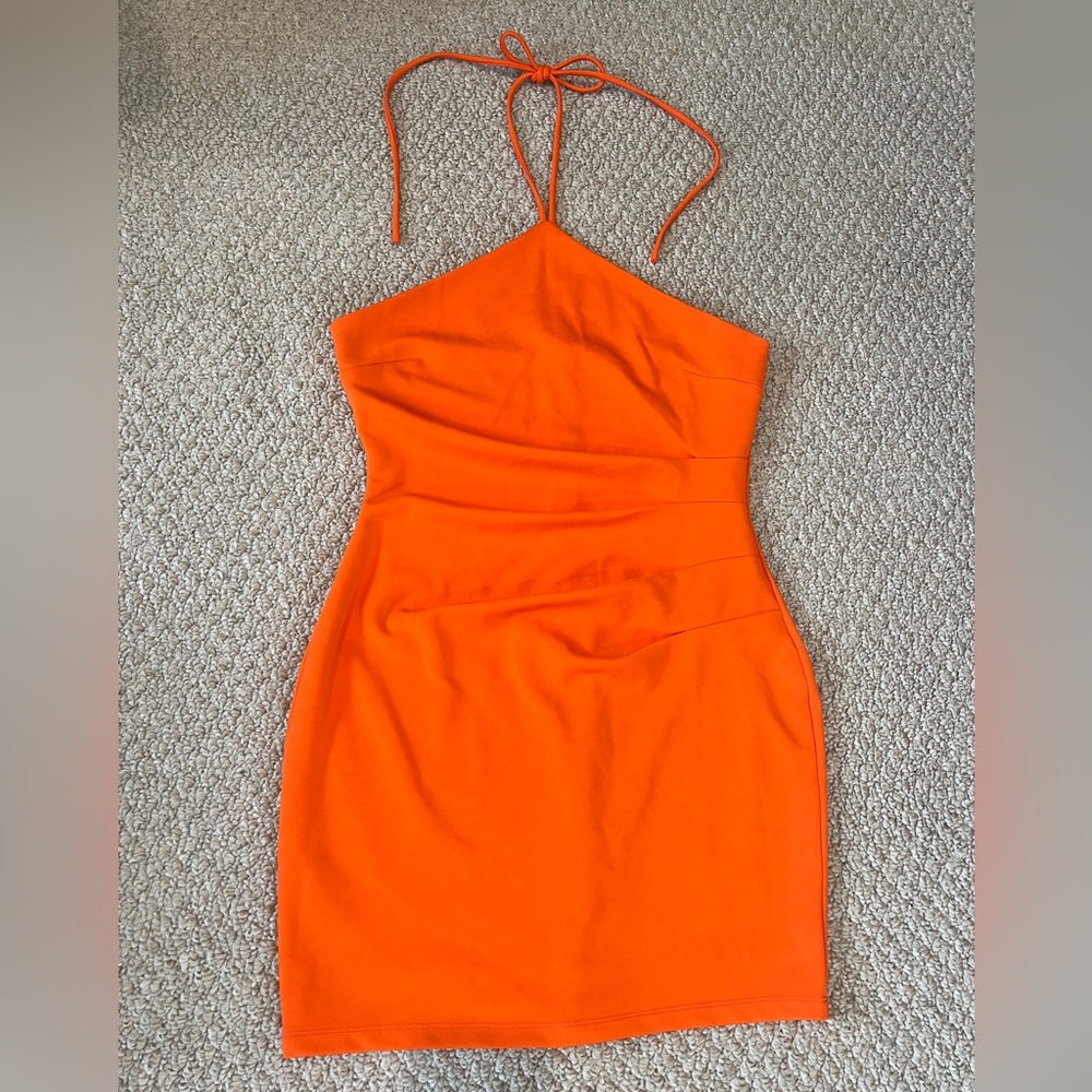 Vestique bodycon mini dress orange medium halter ruching Y2K rave festival